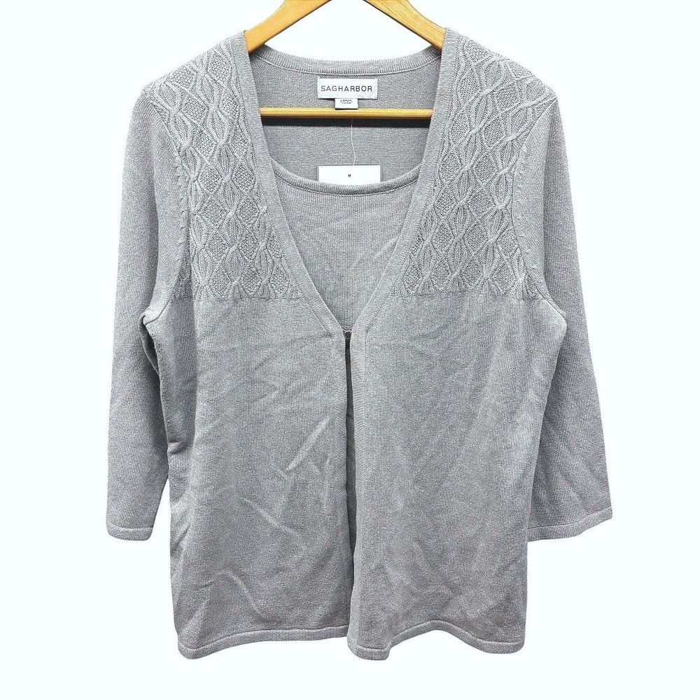 Sag Harbor Cable Knit Layered Twinset Sweater Womens L Pewter Gray Casual NWT